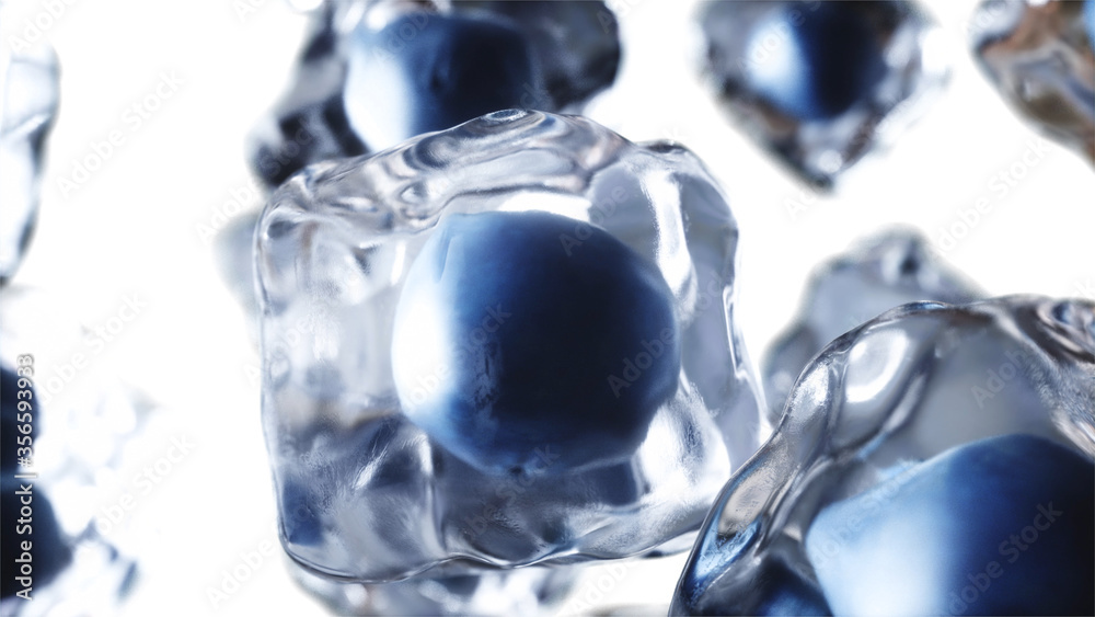 blackberry in ice cubes. Food and broadcast concept. Realistic ice materials. 3d rendering. blackberry in ice cubes. Food and broadcast concept. Realistic ice materials. 3d rendering.