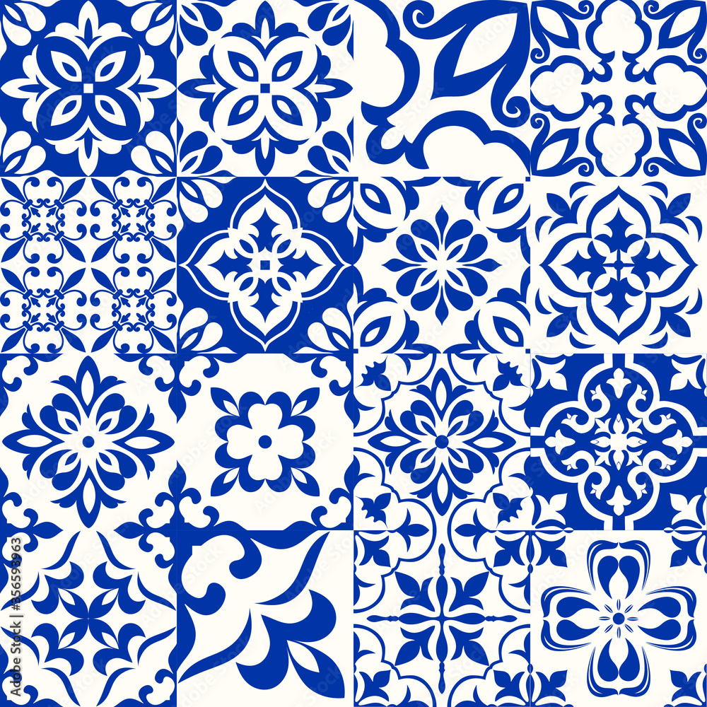 Azulejos in blue, white. Original traditional Portuguese and Spain decor. Seamless patchwork tile with Victorian motives. Ceramic tile in talavera style. Gaudi mosaic. Vector - obrazy, fototapety, plakaty 