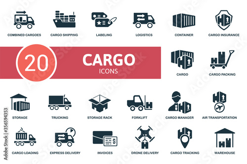 Cargo icon set. Collection contain labeling, combined cargoes, trucking, storage rack, storage and over icons. Cargo elements set.