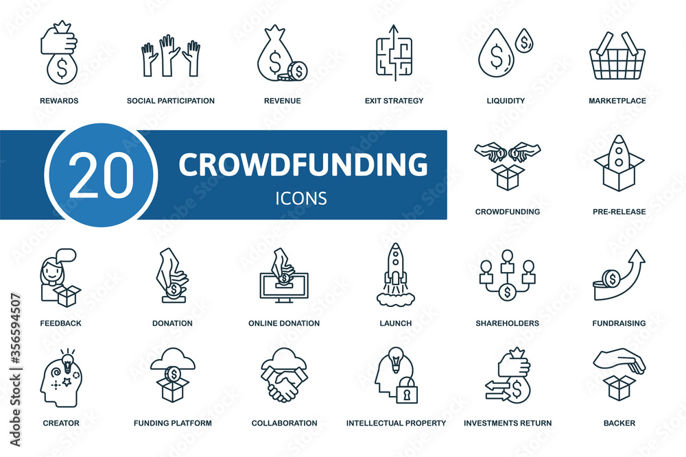 Crowdfunding icon set. Collection contain crowdfunding, creator, pre-release, fundraising and over icons. Crowdfunding elements set.