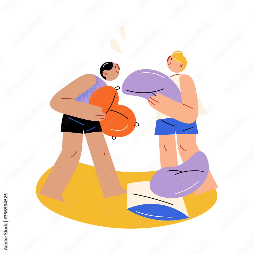 Young brothers boys fighting with pillows at home vector illustration