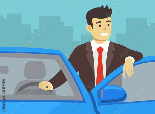 Happy businessman or manager leaning on the car door. Front view. Flat vector illustration.