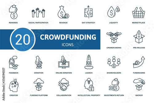 Crowdfunding icon set. Collection contain crowdfunding, creator, pre-release, fundraising and over icons. Crowdfunding elements set.