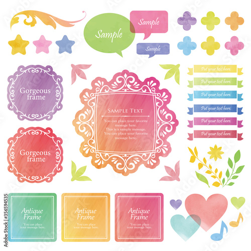 水彩調のデコレーションパーツ　リボンやハートなどの小物から、タイトル回りの装飾まで揃ったセット