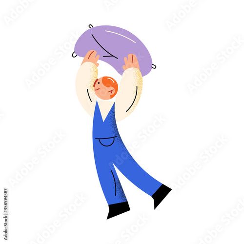 Boy holding pillow in raised hands for fight with family members vector illustration