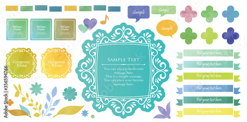 水彩調のデコレーションパーツ　リボンやハートなどの小物から、タイトル回りの装飾まで揃ったセット