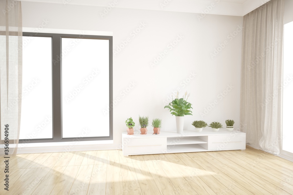 modern room with many plants in pots and curtains interior design. 3D illustration modern room with many plants in pots and curtains interior design. 3D illustration