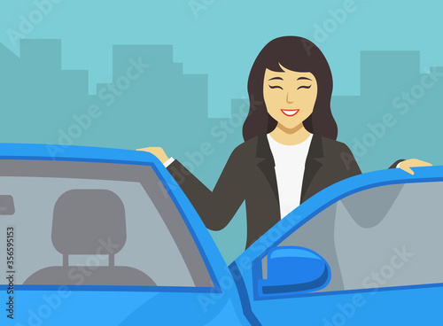 Smiling businesswoman leaning on the car door. Female driver closeup front view. Flat vector illustration.