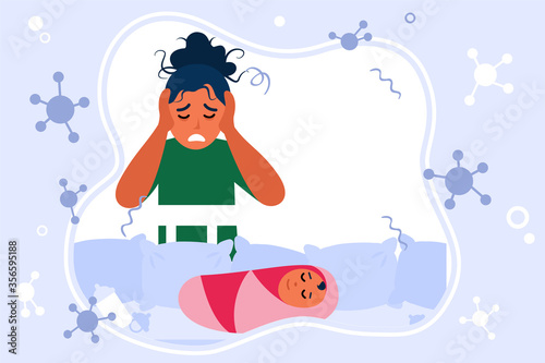 Mother suffering from post natal depression in isolation. Woman having headache while baby sleeping flat vector illustration. Maternal problems concept for banner, website design or landing web page