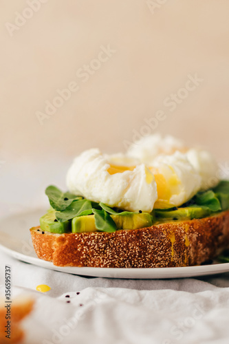 sandwich with avocado, arugula and poached egg sprinkled with nigella decorated with small gypsophila flowers