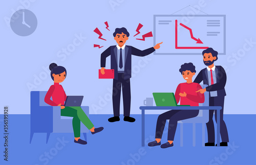 Furious team leader scolding employees for decrease chart. Angry boss, loss, stress at work flat vector illustration. Business failure concept for banner, website design or landing web page