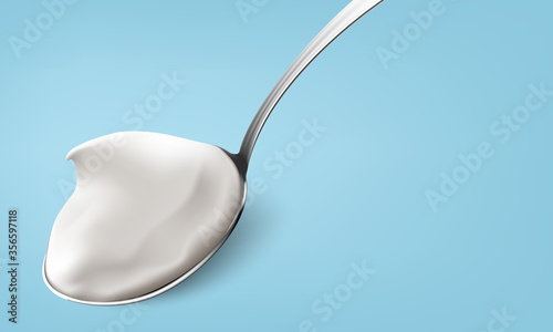 Natural greek yogurt in the spoon on blue background realistic illustration.