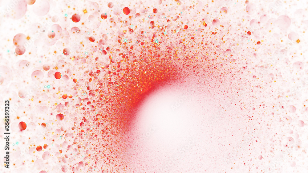 Colorful red and golden shiny particles. Abstract holiday background. Fantastic light effect. Digital fractal art. 3d rendering.