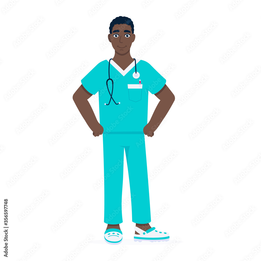 Nurse or surgeon doctor standing with stethoscope flat style design vector illustration isolated on white background. Medical clinic hospital staff scrubs employee. Nurse or surgeon doctor standing with stethoscope flat style design vector illustration isolated on white background. Medical clinic hospital staff scrubs employee.
