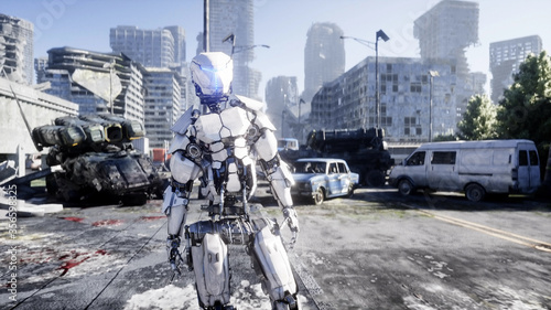 Military robot in destroyed city. Future apocalypse concept. 3d rendering.