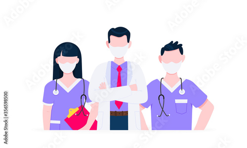 Successful team of medical employee doctors with face masks vector illustration isolated on white background. Three hospital or medic clinic staff doctors standing up with equipment.