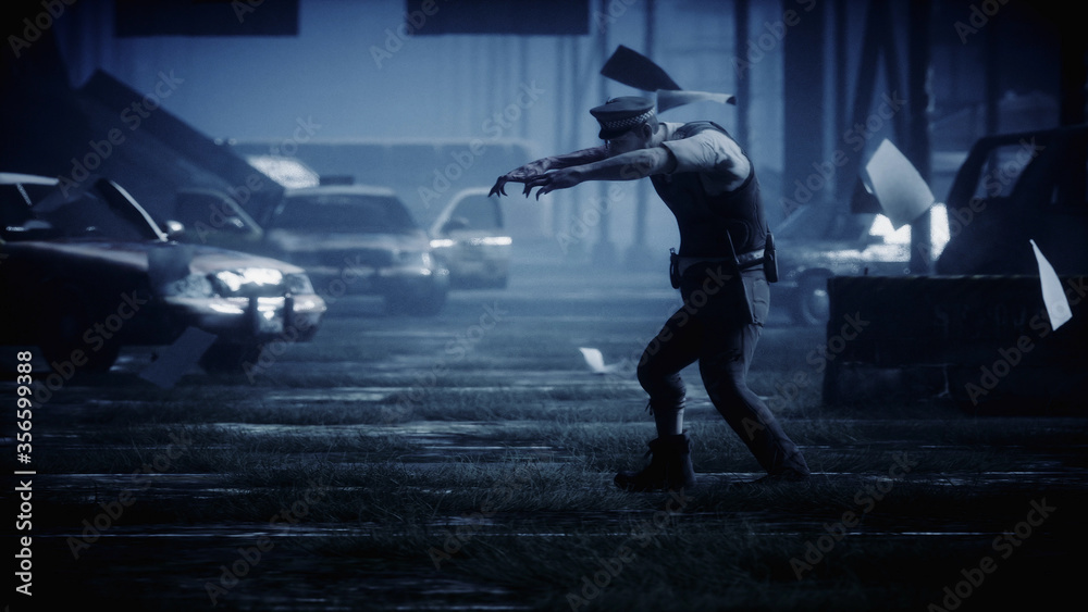 Fototapeta Police zombie in dark destroyed city. Fog dramatic night. Zombie apocalypse concept. 3d rendering.