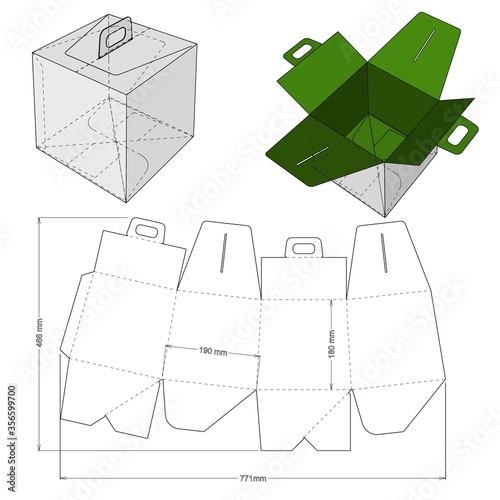 Cake Box with handle and Die-cut Pattern. The .eps file is full scale and fully functional. Prepared for real cardboard production.