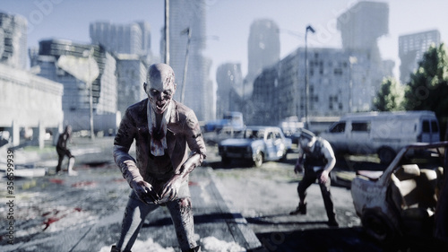 Terrible zombie in destroyed city. Zombie apocalypse concept. 3d rendering. © 3D motion