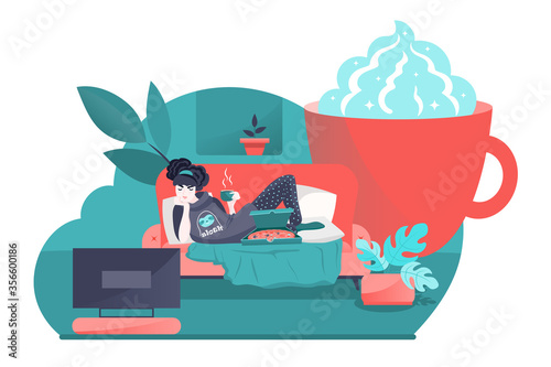 Lazy girl resting on couch at home. Apathy and indifference. Flat cartoon vector illustration.