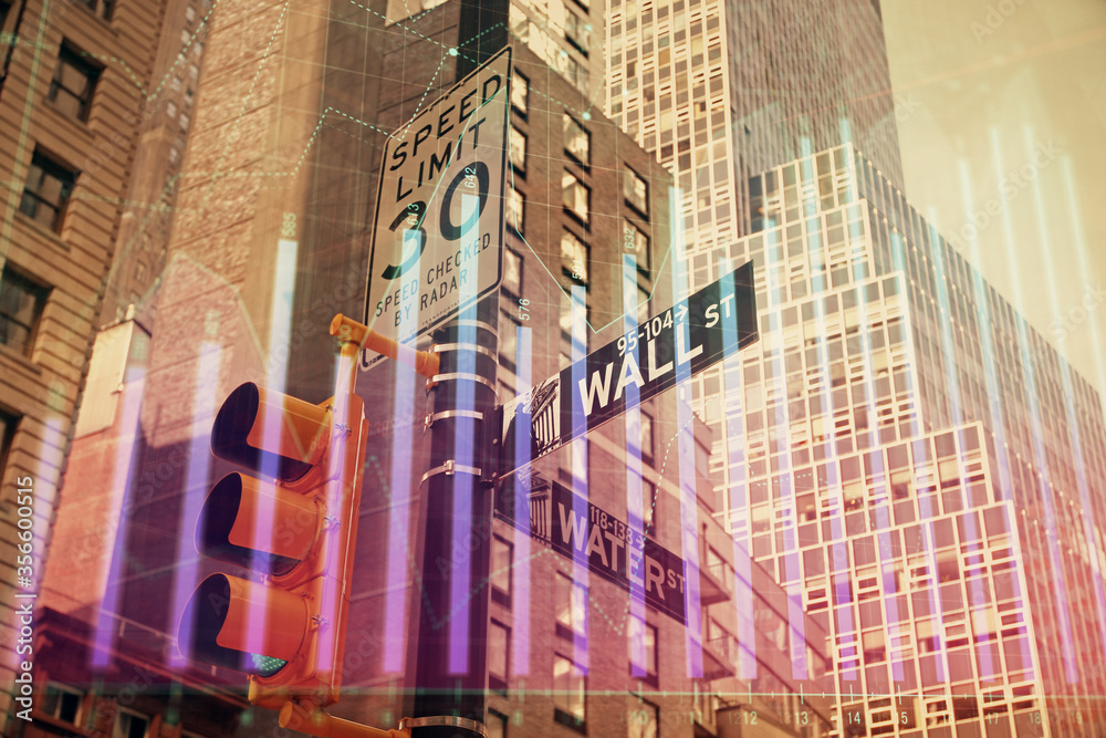 Naklejka premium Forex chart on cityscape with tall buildings background multi exposure. Financial research concept.