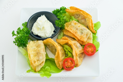 Russian national cuisine, on a plate are handmade dumplings with sour cream dill tomatoes and lettuce, food on a white background