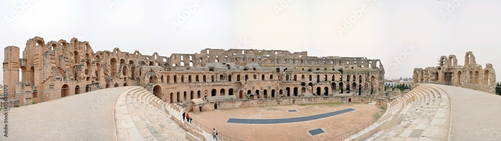 EL DJEM, TUNISIA - February 03, 2009: Panorama of arena of the ancient Roman El Jem amphitheater. 