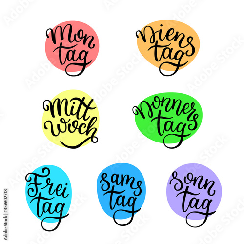 Lettering in German, days of the week - Monday, Tuesday, Wednesday, Thursday, Friday, Saturday, Sunday. Handwritten words for calendar, weekly plan, organizer.