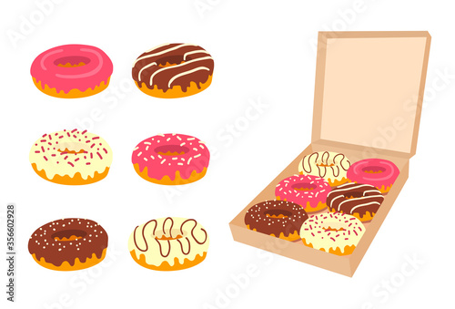 Various delicious glazed doughnuts with different icing. Open cardboard box with assorted iced donuts. Pastry assortment. A vector cartoon illustration set isolated on a white background.