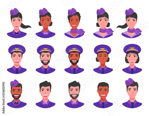 Flight crew avatars icons set. Stewardess, steward, pilot, airhostess smiling. Airline attendant. Various heads with shoulders. A vector flat cartoon illustration isolated on a white background. 