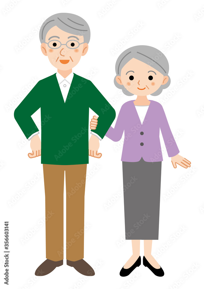 腕を組む仲の良い老夫婦のイラスト/白背景