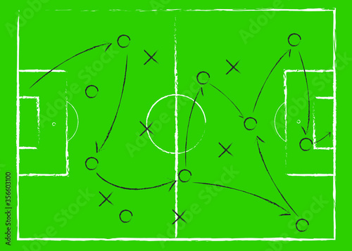 Soccer game tactical scheme. The scheme of the game. Strategy. Tactics. On the chalkboard. For your design. Vector chalk graphic on black board
