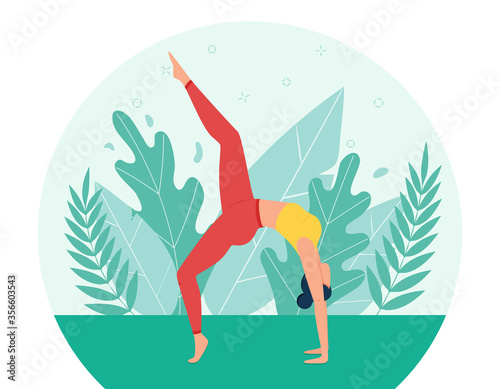 A girl does yoga in the Park. The concept of outdoor yoga. The practice of yoga in nature. Flat style. Girl in the bridge pose. A female cartoon character on a background of leaves and grass