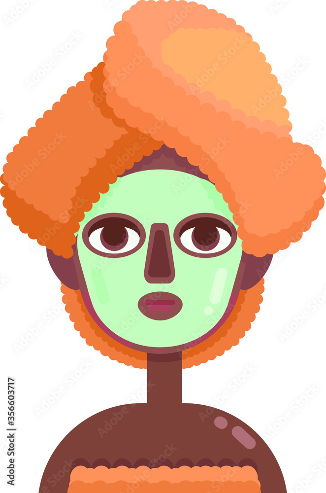 Illustration cute afro woman with cosmetic mask on fae and orange towel on head