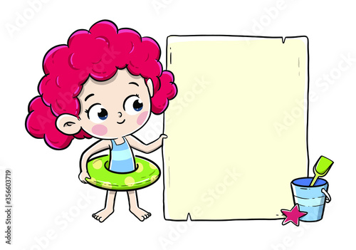 Niña con un flotador sosteniendo un cartel