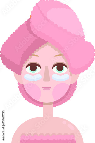 Vector illustration girl with patches for eyes and pink towel on head, care of yourself, cosmetic