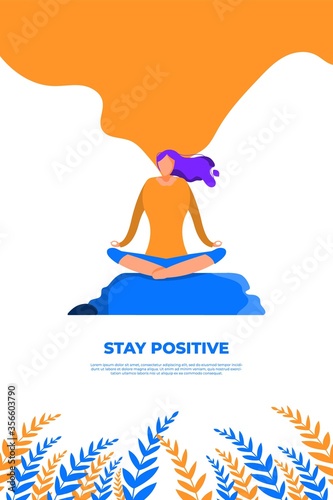 Meditation Illustration of Stay Positive. for website or printing design. Women relaxation. Flat Illustration