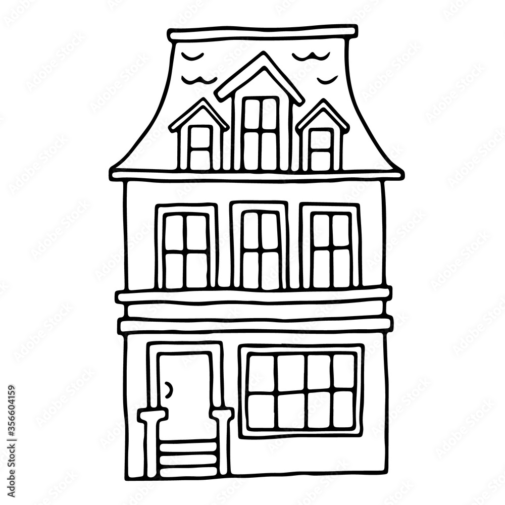 Vector contour illustration with the image of the house. Drawn by hand in doodle style. Purchase, sale and rental of real estate. Design for postcards, posters, fabrics, announcements.