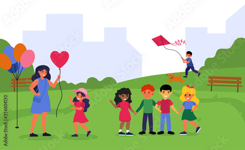 Teacher spending time with preschoolers in park. Woman and children walking together outdoors flat vector illustration. Preschool activity concept for banner, website design or landing web page