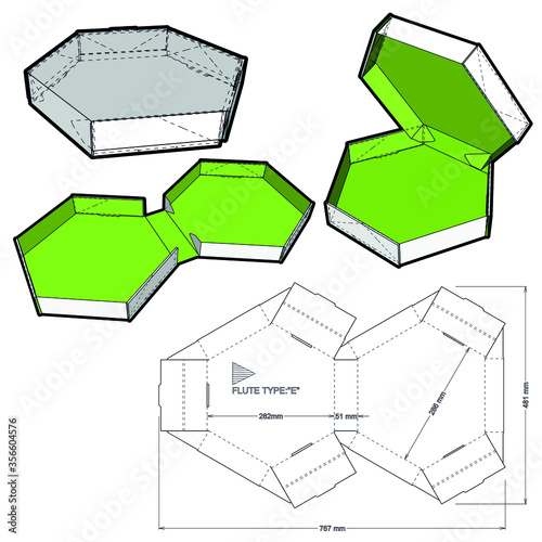 Hexagonal self assembly packaging and Die-cut Pattern. The .eps file is full scale and fully functional. Prepared for real cardboard production.