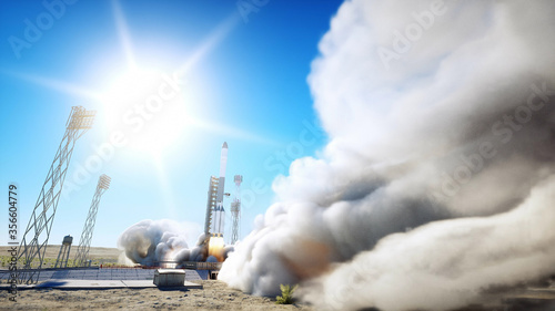 Rocket launch animation. Daylight. Space launch system. 3d rendering.