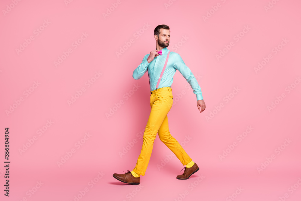 Full length profile photo of handsome guy trend clothes walking office corporate meeting wear shirt suspenders bow tie yellow pants footwear isolated pastel pink color background Full length profile photo of handsome guy trend clothes walking office corporate meeting wear shirt suspenders bow tie yellow pants footwear isolated pastel pink color background