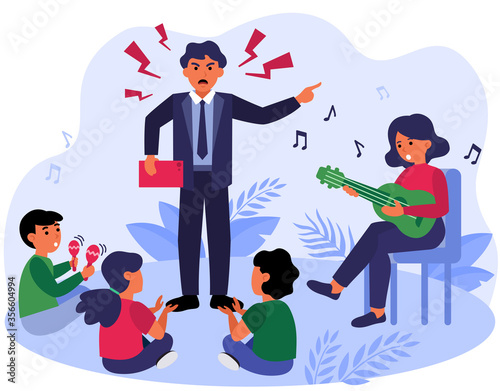 Angry man shouting at kids and woman. Father, mother, children flat vector illustration. Family problems, domestic violence concept for banner, website design or landing web page