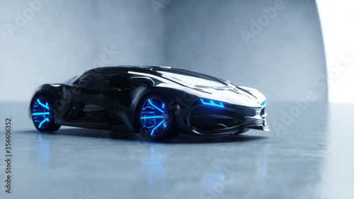 black futuristic electric car with blue light. Concept of future. 3d rendering. photo