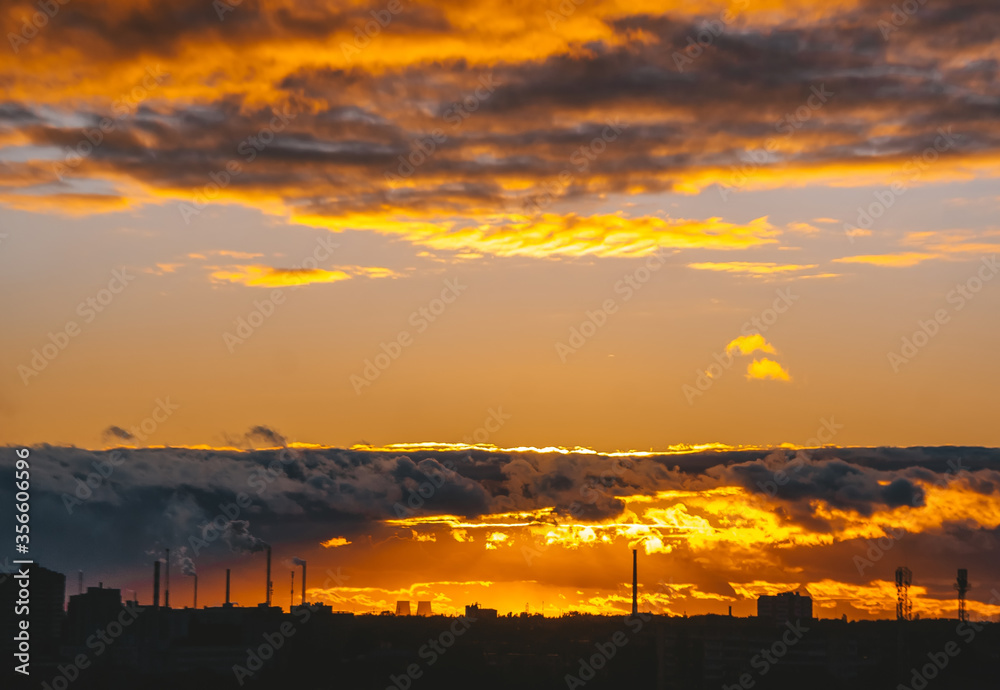 Sunset in Gomel with buildings in the distance. Gomel, Belarus