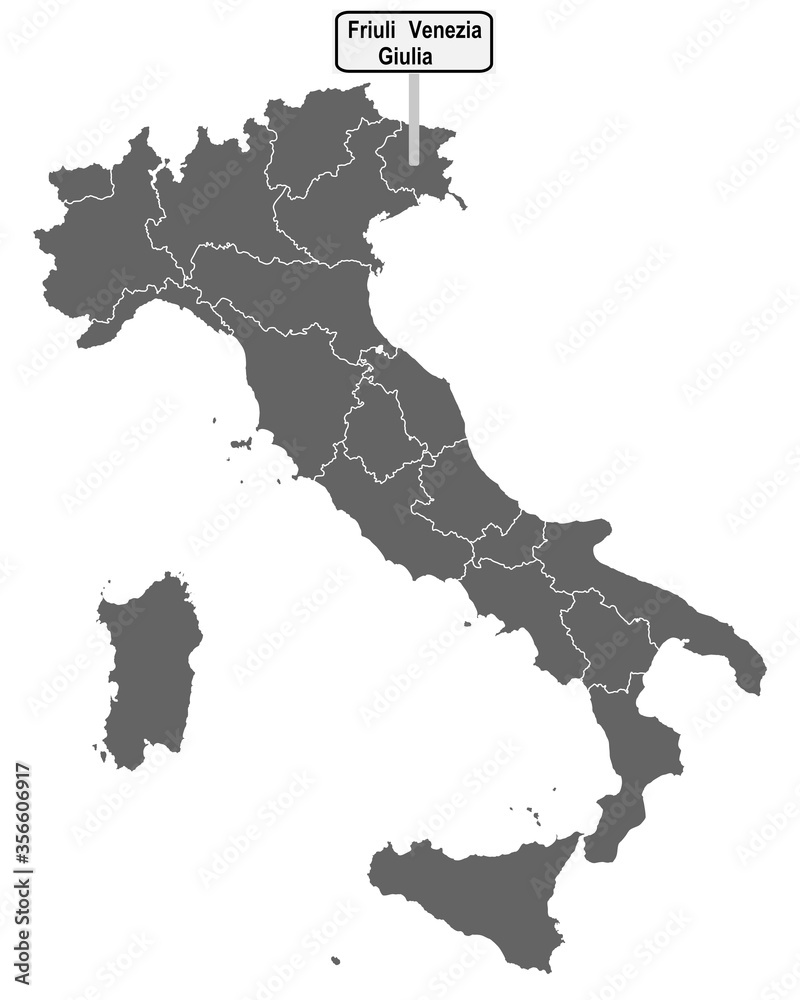 Landkarte von Italien mit Ortsschild von Friuli Venezia Giulia