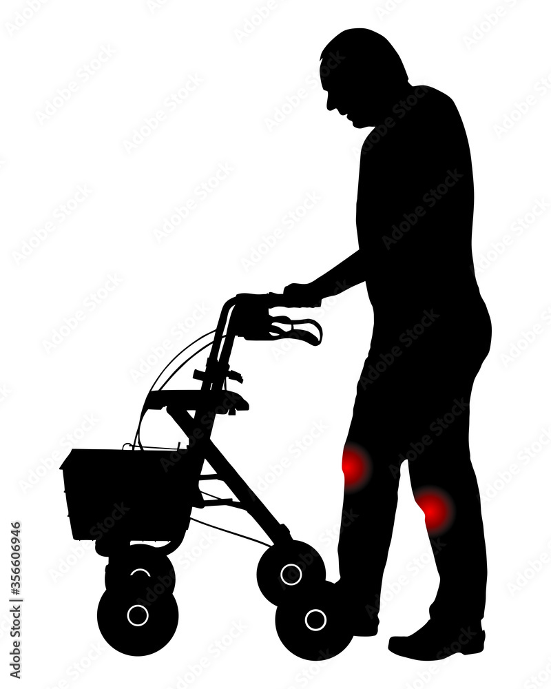 Mann mit Knieschmerzen und Rollator Mann mit Knieschmerzen und Rollator