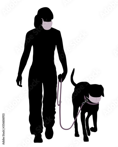 Frau und Hund mit Mundschutz beim Gassi gehen