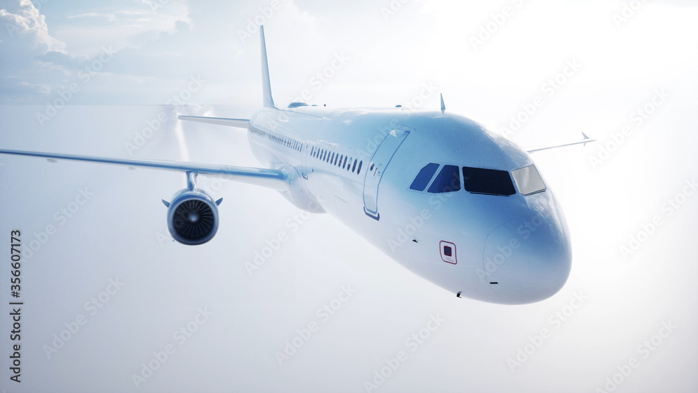 Passenger flying Plane . Daylight, clouds. A condensation trail of an airplane. 3d rendering.