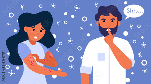 Doctor showing shh gesture. Patient suffering from rash flat vector illustration. Illness, epidemics, secret concept for banner, website design or landing web page